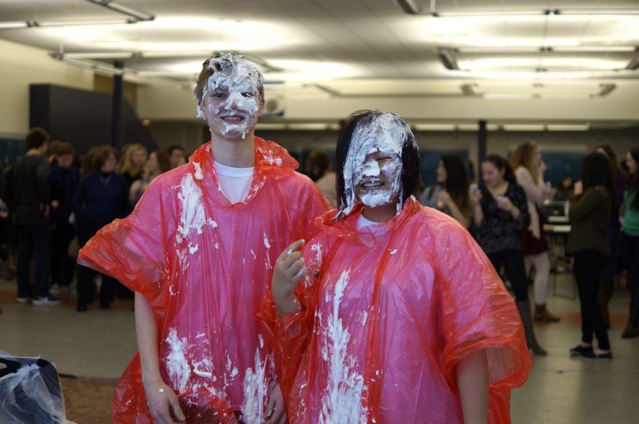 Sophomores Jonathan Slovak and Ebbie Shim were pied in the face on Monday. 