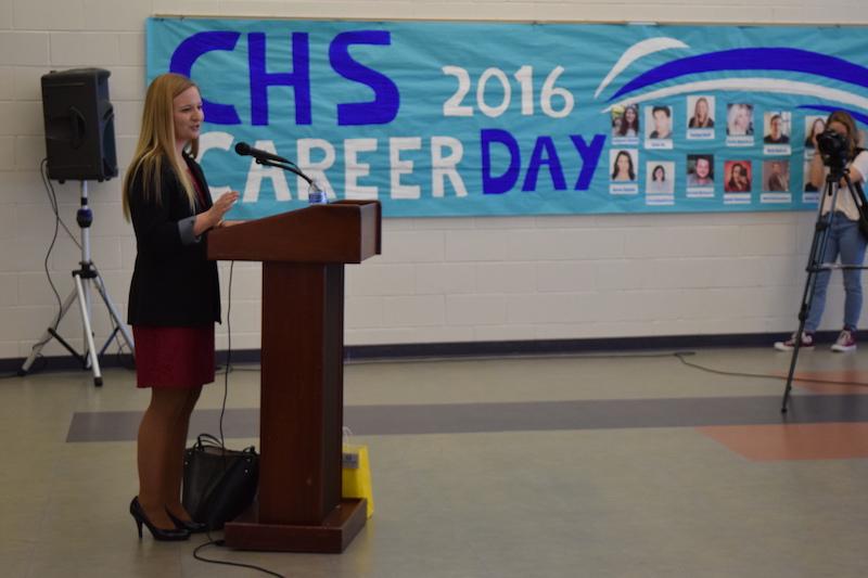 Keynote speaker, Rachel Belli, talks to CHS students about life as a broadcast producer.