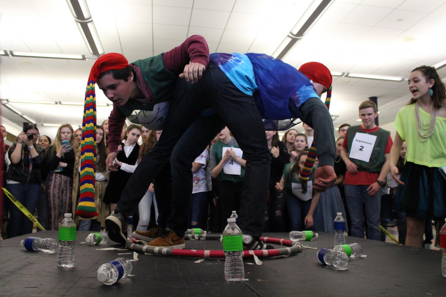 Sophomore Kyle Wheeler of Wall and junior Matthew Avena of Middletown face off in Elephant Bowling, a new competition introduced this week. 
