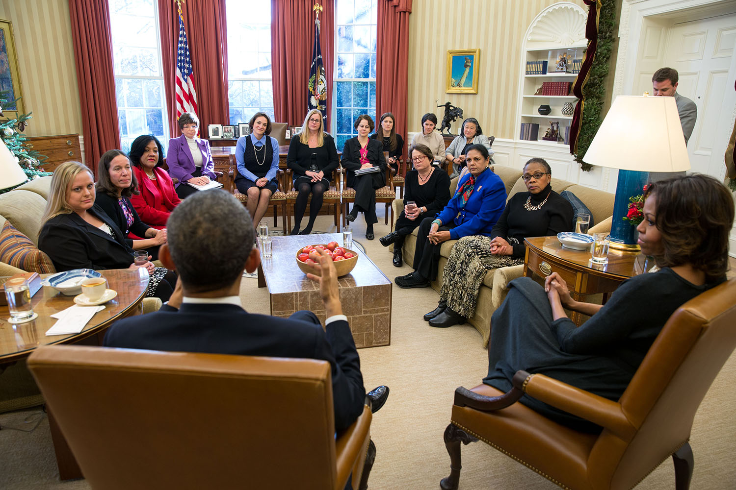 Former President Barack Obama and former First Lady Michelle Obama meet with mothers regarding the Affordable Care Act and the Mental Health Parity and Addiction Equity Acts. 