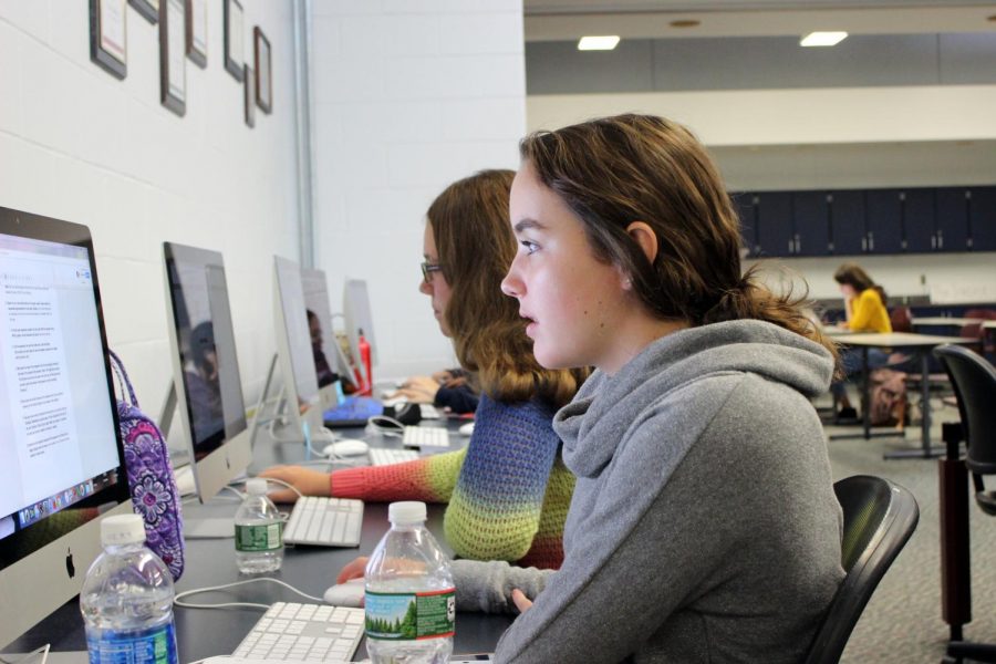 To get some extra work done, sophomore Riley Rademacher of Manasquan spends her lunch time in open lab. Students are not allowed to have lunch in open lab by the computers, so Rademacher must wait to eat.