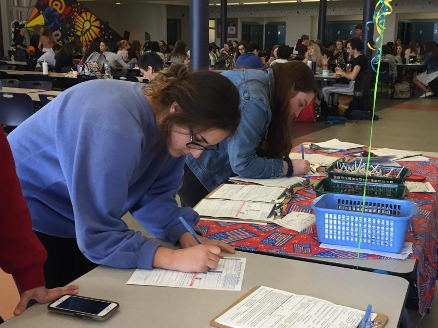 Seniors Courtney Kushnir of Colts Neck and Shannon Damiano of Spring Lake Heights fill out voter registration forms.