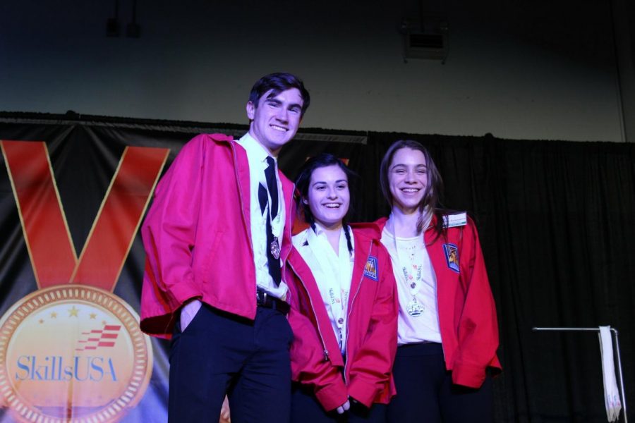 Juniors and newly elected SkillsUSA council members Connor Martin of Spring Lake Heights (left), Alexis Colucci of Middletown and Erica Sammarco of Colts Neck at a Skills competition. Junior Grace McCaffrey of Middletown is not pictured but was also elected to the council.