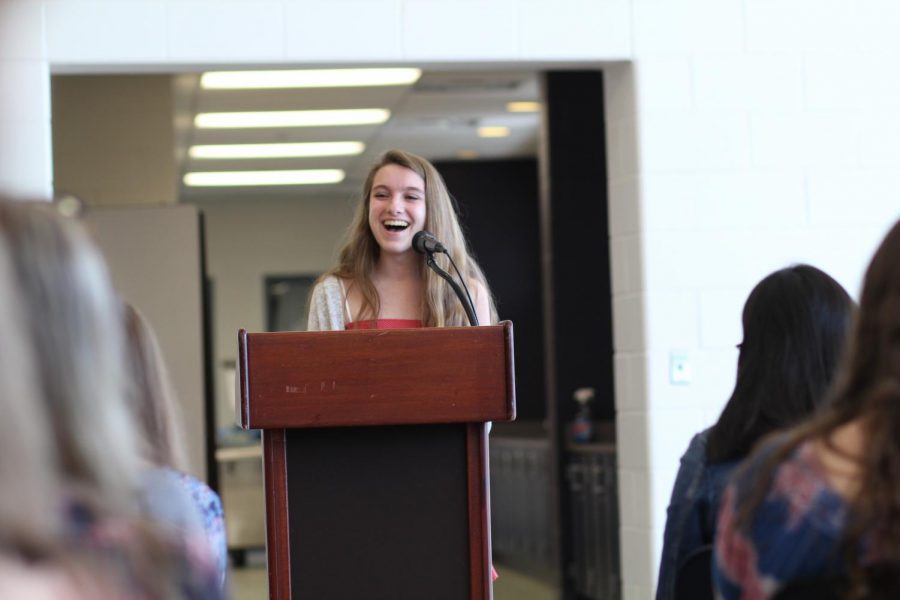 Junior Rebecca Rippon of Ocean gives a two minute speech to the rising senior class. Rippon will serve as a Class of 2019 council member for her third time in the 2018-19 school year.