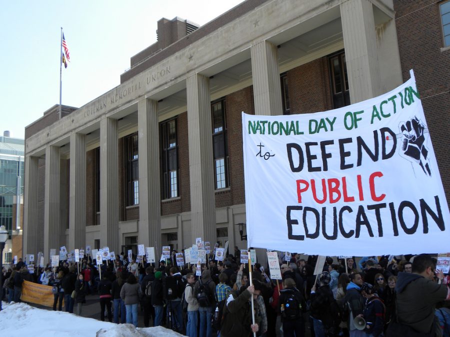 People rally at the University of Minnesota in 2010 to defend public education.