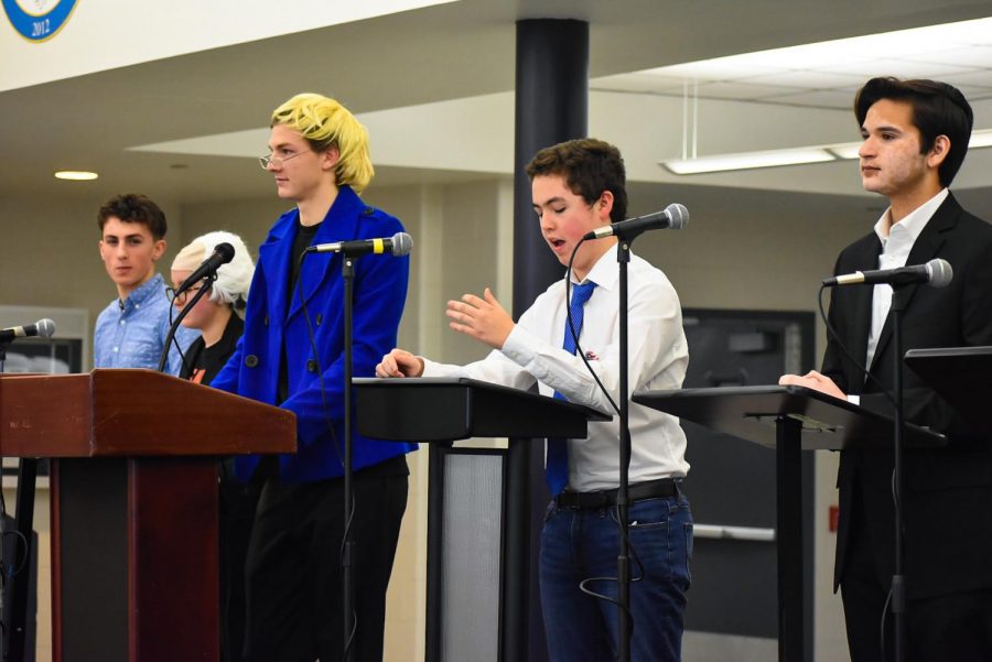 (From left to right) Freshman Joey Esposito of Tinton Falls, sophomore Maggie Schnieder of Wall, senior Colin Martin of Middletown, senior Neil Estrada of Middletown, and junior Kai Sequiera of Middletown during the mock debate on Friday.