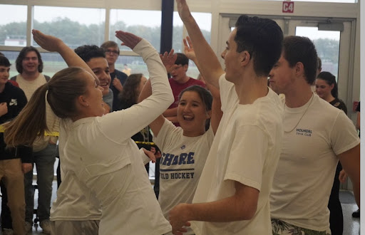 Seniors celebrate their dodgeball victory.