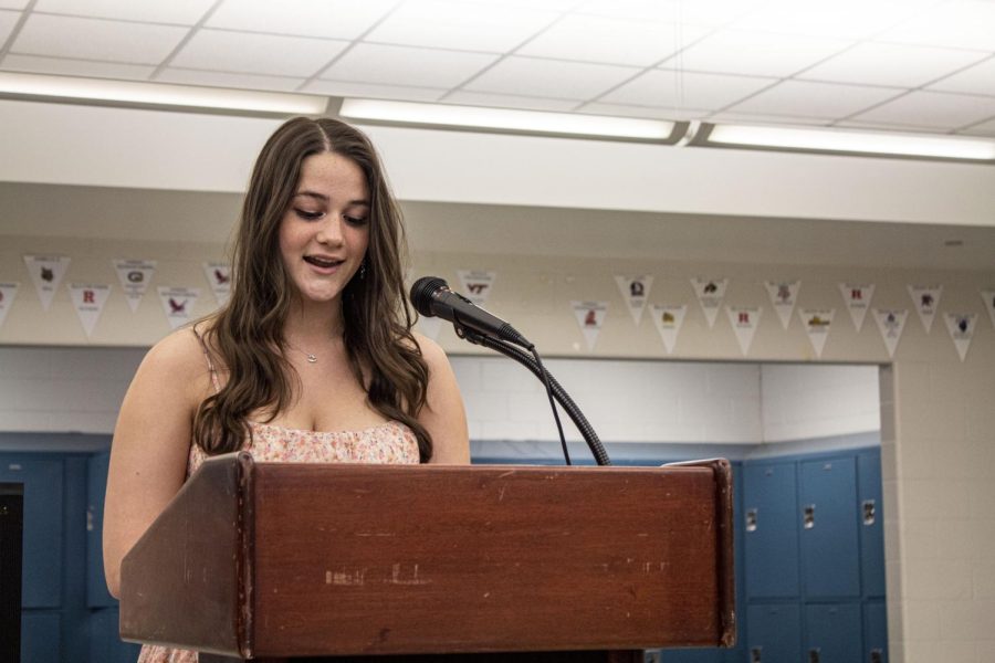 Junior Lucy Battista presents her speech to CHS students in
an assembly arranged for SGA elections on Thursday, May
19. Battista won the Executive election, taking on the role of
SGA President for the 2022-2023 school year.