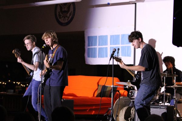 Exit 109 performs “The Story of Us” during Coffeehouse on Nov. 17, 2023. The Class of 2025 presented the Central Perk-themed event and donated half of the event’s proceeeds to Hope Sheds Light.
