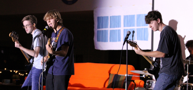 Exit 109 performs “The Story of Us” during Coffeehouse on Nov. 17, 2023. The Class of 2025 presented the Central Perk-themed event and donated half of the event’s proceeds to Hope Sheds Light.