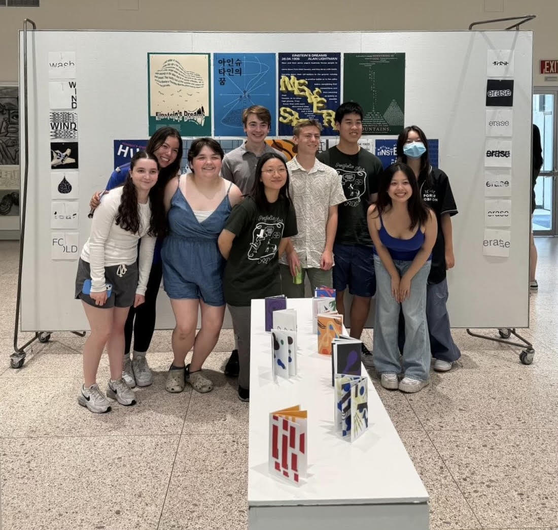 Senior Diana Xiao of Marlboro, bottom right, with her communication design class after their exhibition on Aug. 2.