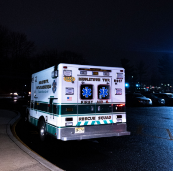 A Middletown Township ambulance waits outside the Middletown High School North vs. Middletown High School South hockey game on Dec. 10, 2024 in case of an injury.