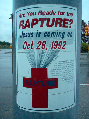 PHOTO OBTAINED BY OPENVERSE THROUGH CREATIVE COMMONS. "Are you ready for the Rapture? Jesus is coming on Oct 28, 1992(!)" by marcn is licensed under CC BY-NC-SA 2.0.