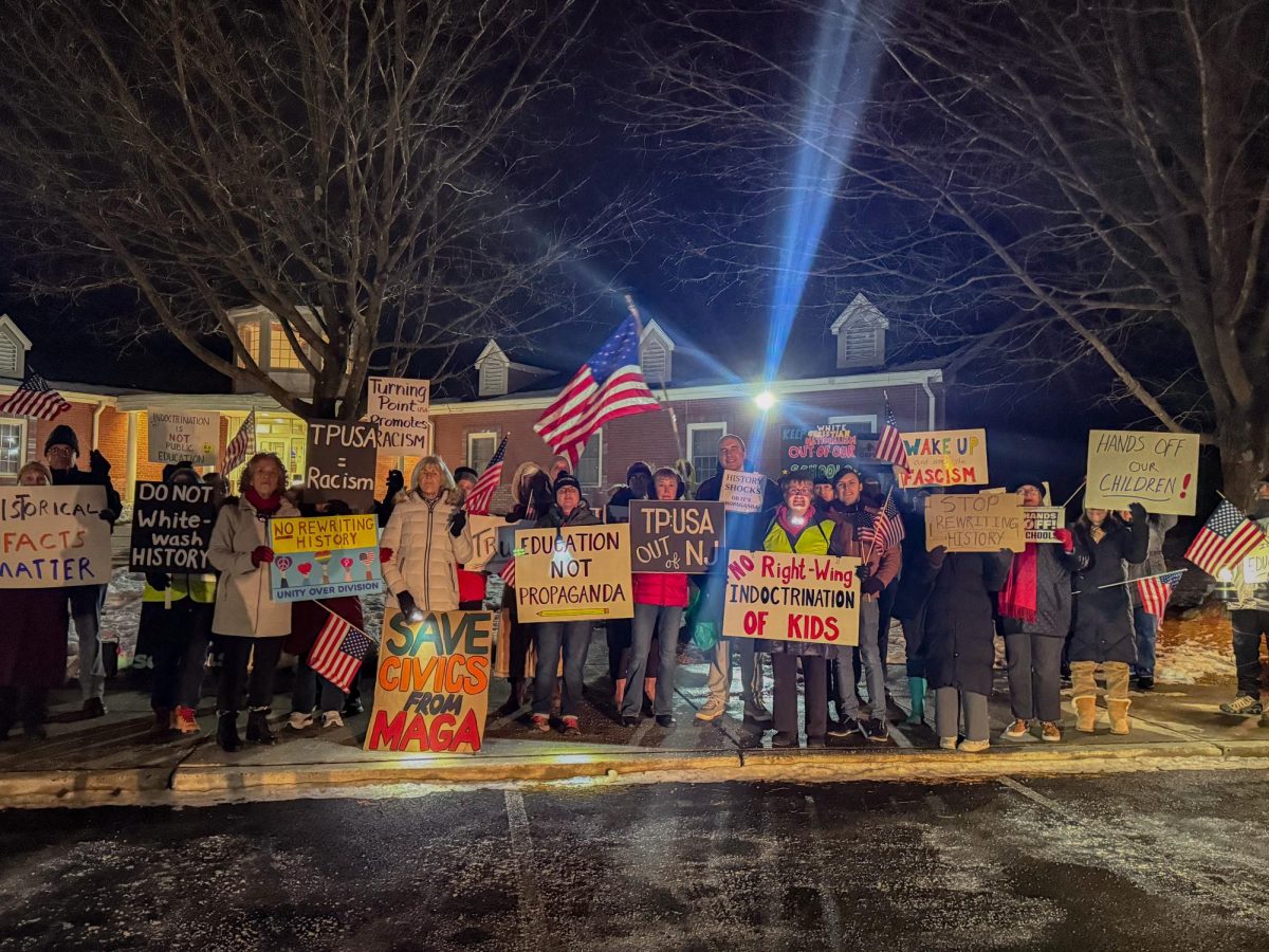 Members of Jersey Shore Blue protest outside of the Colts Neck Board of Education building on Dec. 17, 2025. Participants voiced their disapproval of U.S. Education Secretary Linda McMahon’s “History Rocks!” tour visit on Dec. 5 at Cedar Drive Middle School.  BLOT PHOTO BY KYLA KIDORF