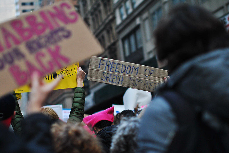 PHOTO OBTAINED FROM FLICKR THROUGH CREATIVE COMMONS.

Protesters participated in the Women’s March in New York on Jan. 21, 2017. “Freedom of Speech Includes The Press” by Narih Lee is licensed under CC BY 2.0.