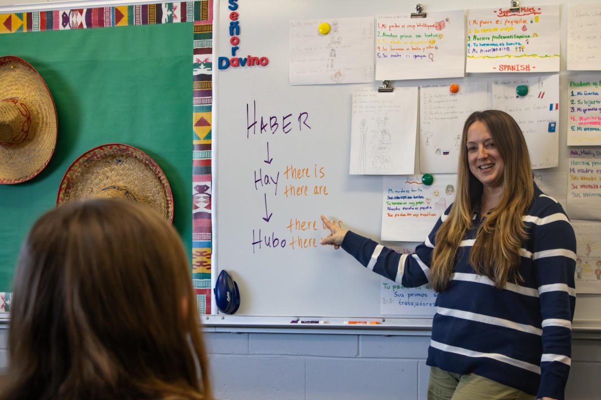 BLOT PHOTO BY ZACHARY ERBE.

Britto Davino teaches a group of Spanish I students. She is leaving Communications High School after 12 years to become an assistant principal in the Middlesex County Magnet School District.